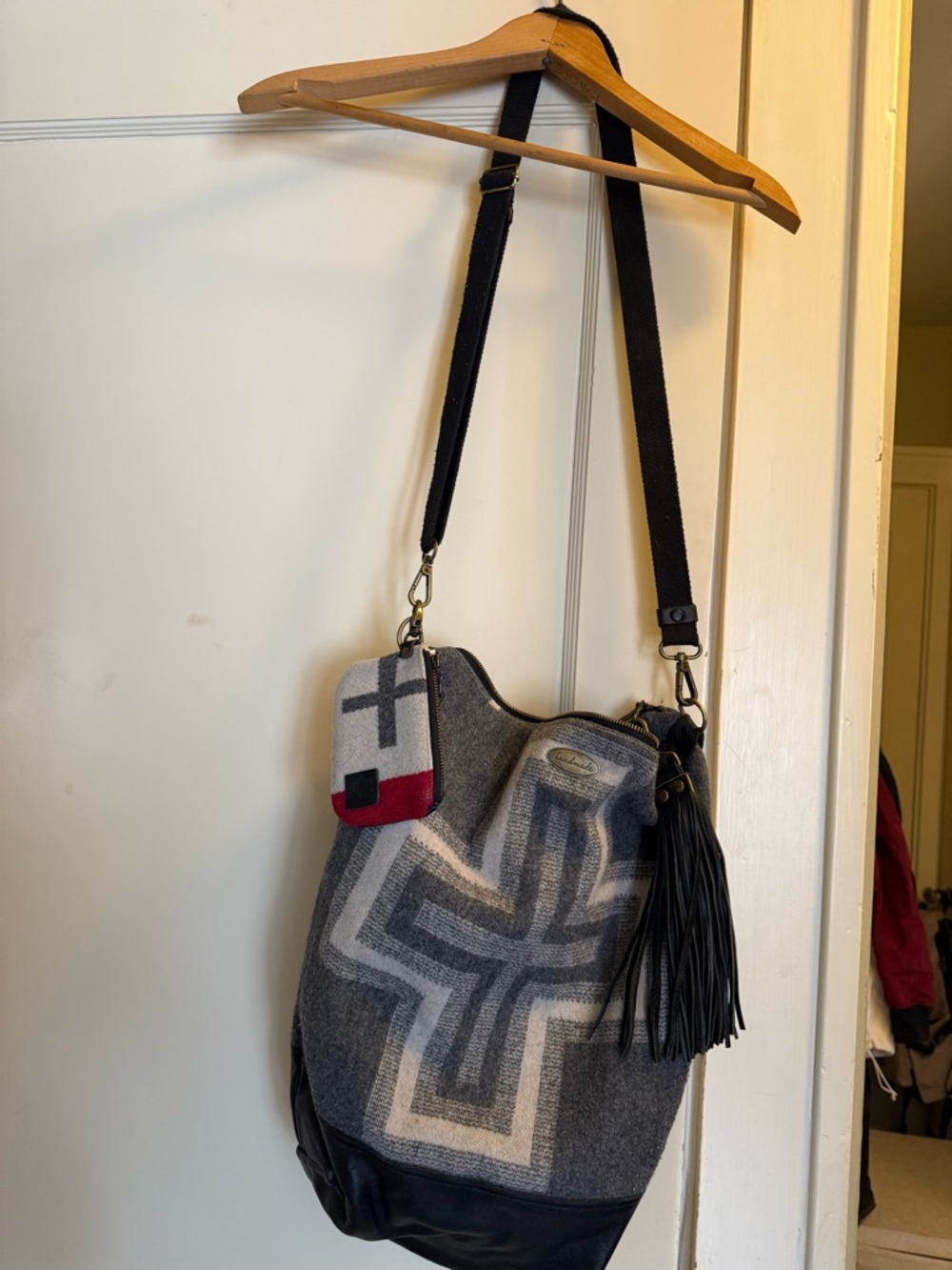Wool-Blend Gray Cross Pattern Bucket Bag with Black Fringe Strap